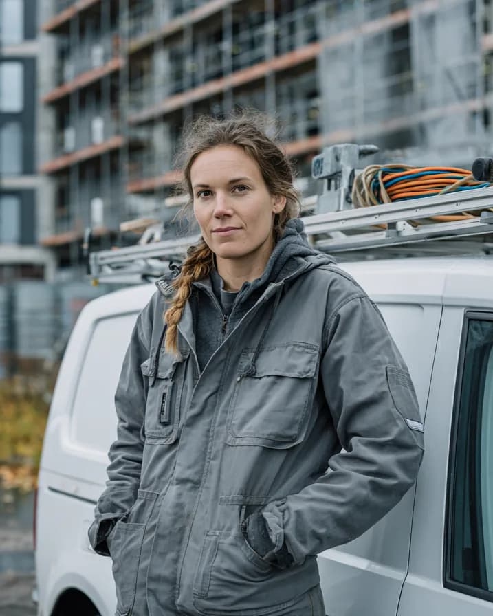 En kvinne i grå arbeidsjakke lener seg mot en varebil foran et nybygg med stillas.