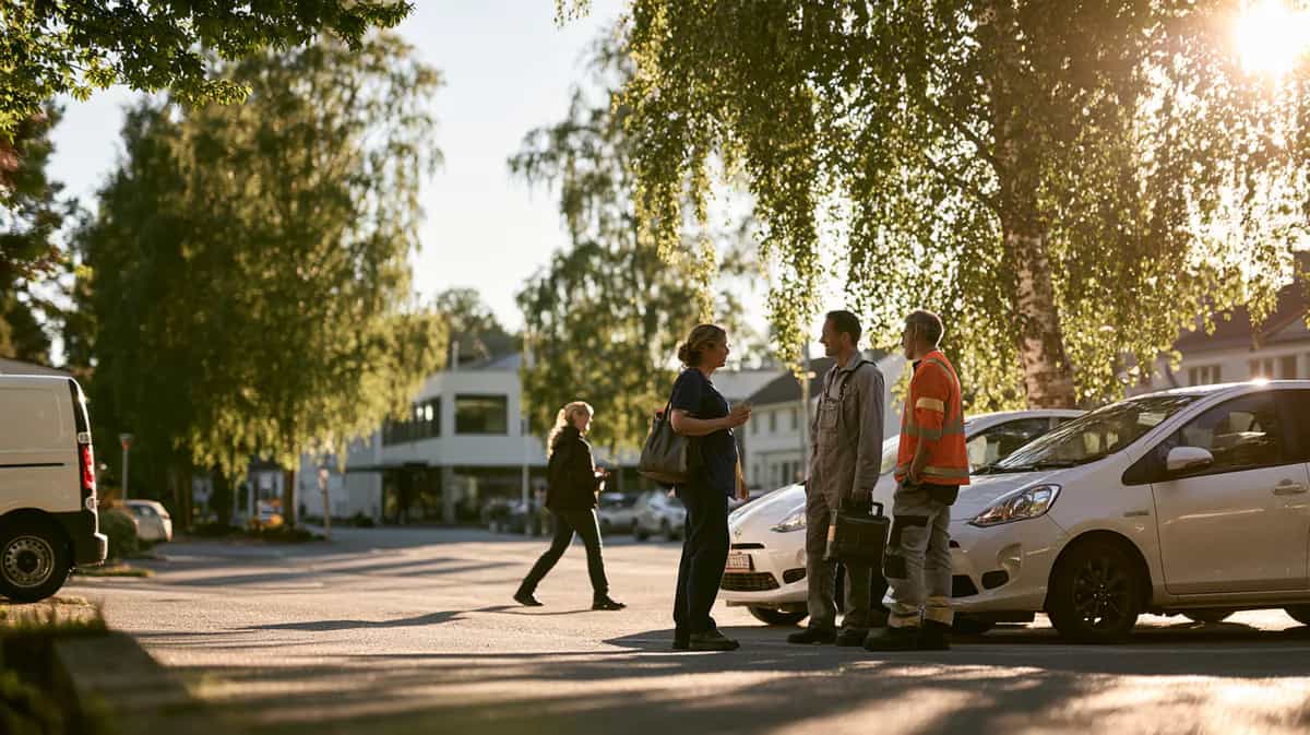 Tre personer snakker sammen ved hvite biler under bjørketrær i kveldssol, mens en fjerde går forbi.