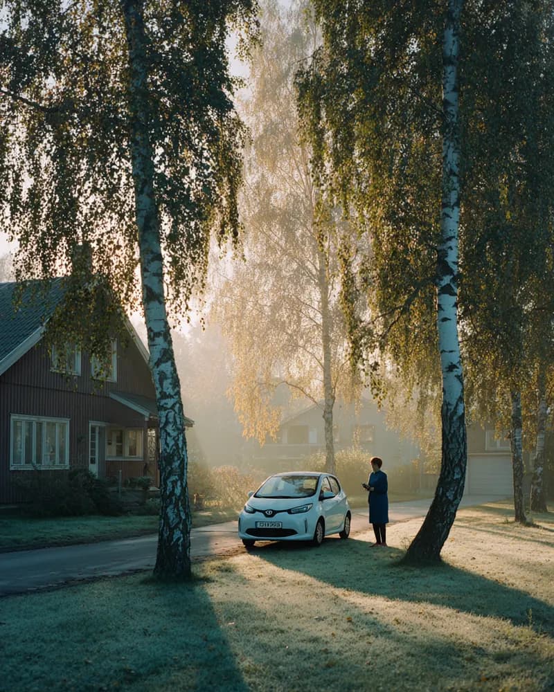 En kvinne med telefon ved en hvit bil, bolighus og bjørker i dis.