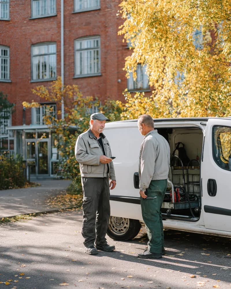 To menn snakker ved en åpen varebil foran en murbygning.