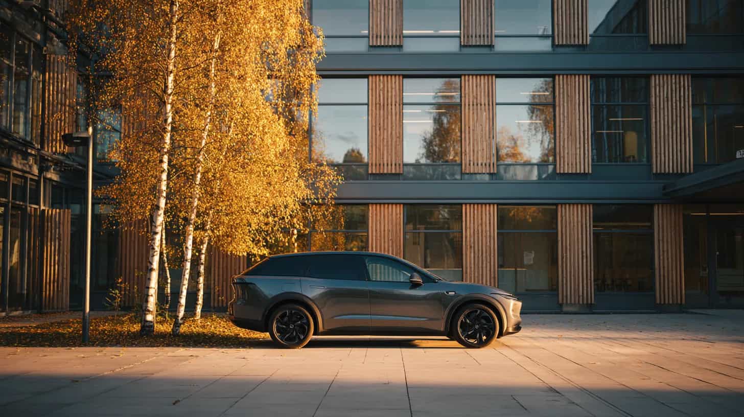 En grå bil parkert foran et kontorbygg med trepaneler og gule bjørker i lav høstsol.