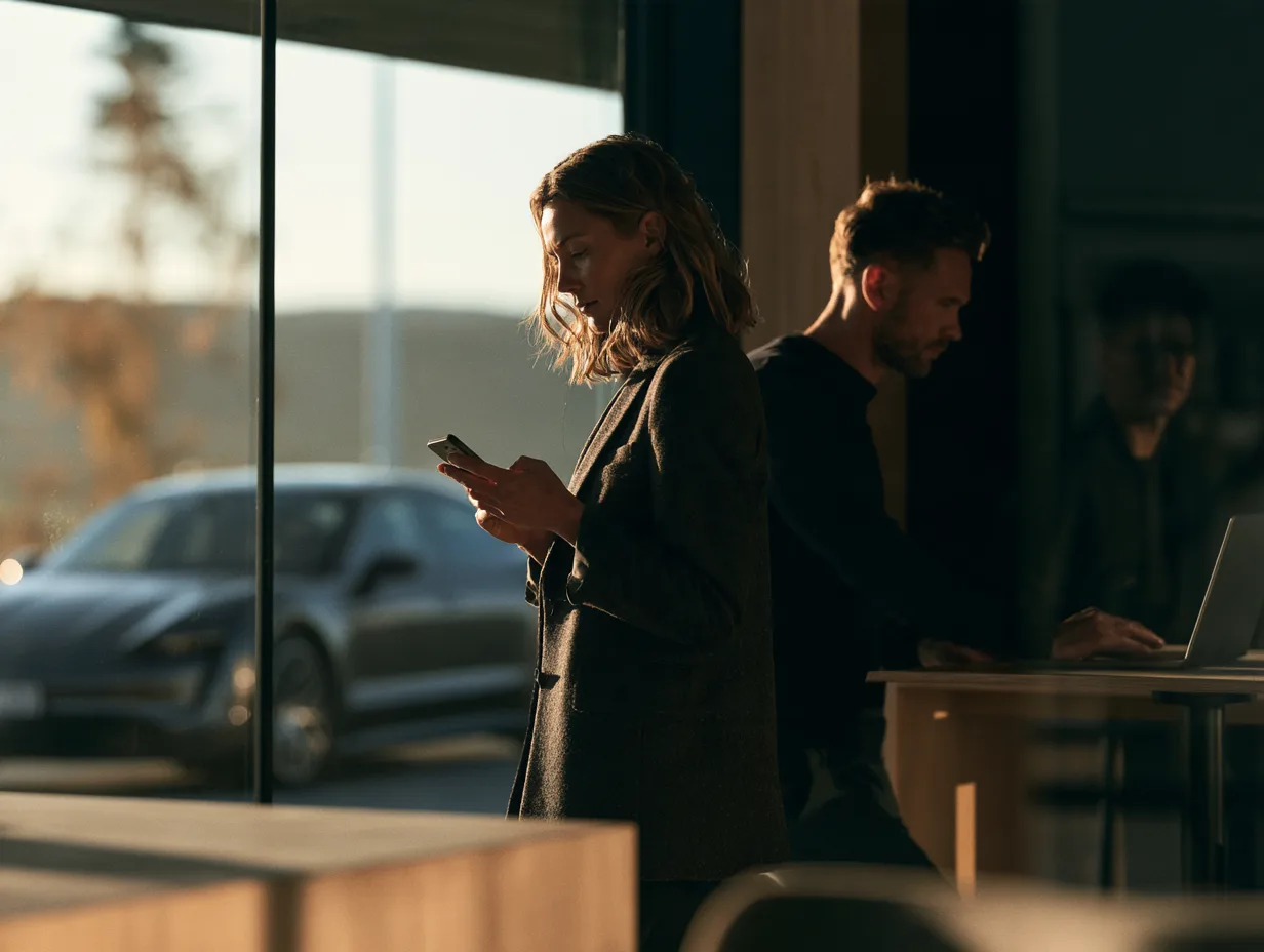 En kvinne bekrefter noe på telefonen ved vinduet, mens en kollega ser på en bærbar PC. Utenfor står en mørk firmabil.