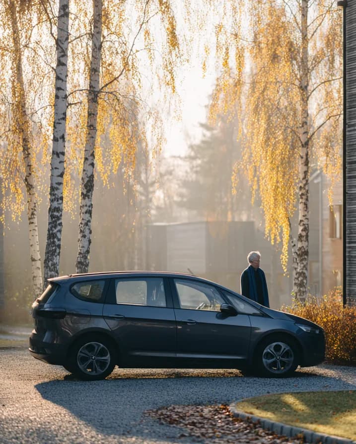 En mann i skjerf ved en mørk bil utenfor et trehus en tåket høstmorgen.