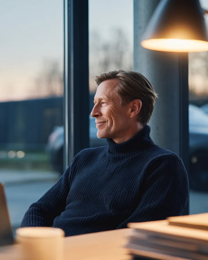 En mann i mørk genser smiler ved skrivebordet, med parkerte biler utenfor vinduet.