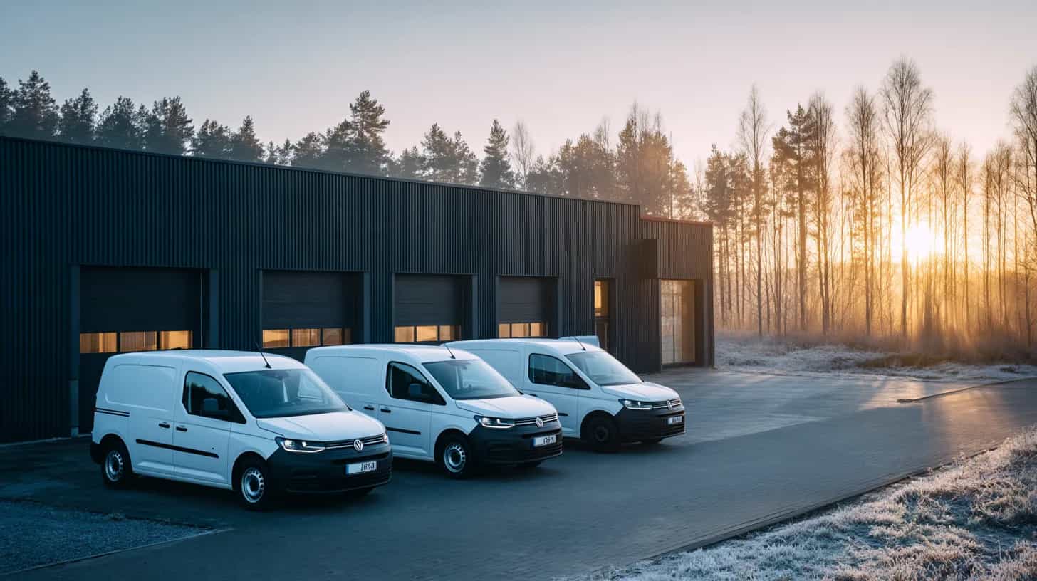 To hvite varebiler parkert på rekke foran et lagerbygg i lav morgensol.