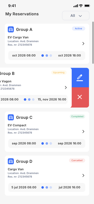 Fleet OS-appen: en reservasjon flyttes eller avlyses.