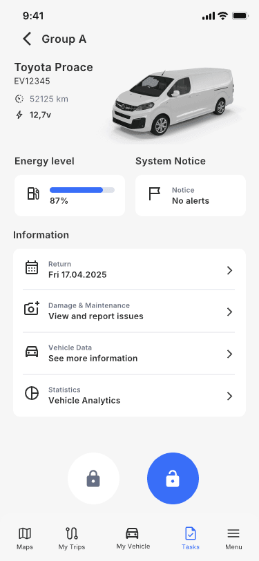 Fleet OS-appen: bilen låses opp med telefonen.