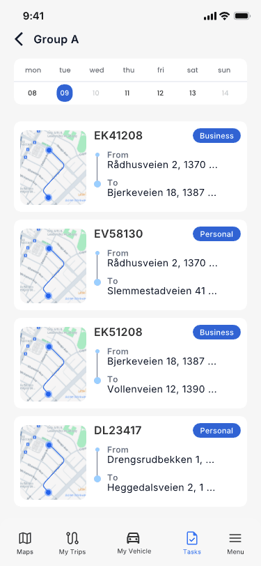 Fleet OS-appen: turer i kjøreboken med start og stopp.