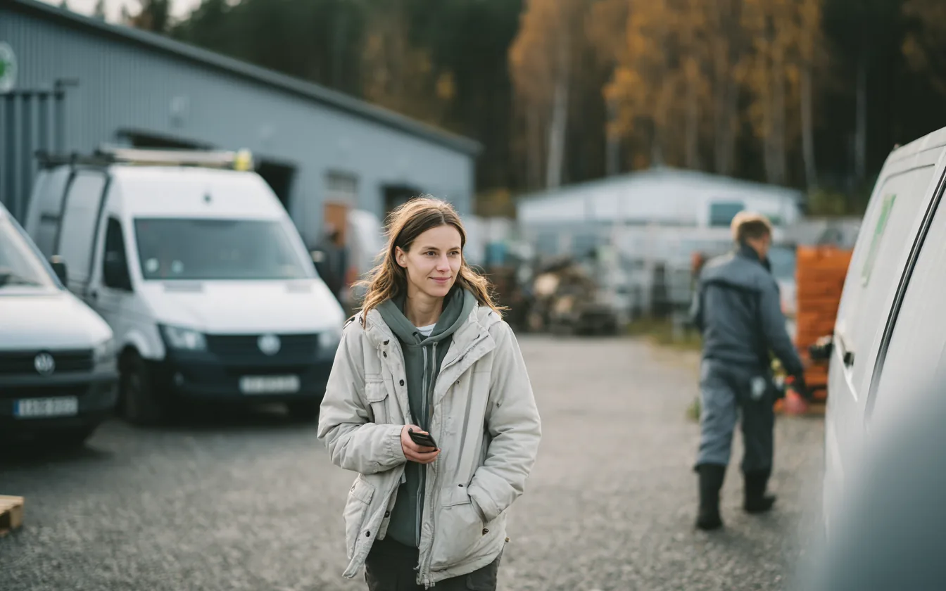 En kvinne med telefon går på et driftsområde med varebiler.