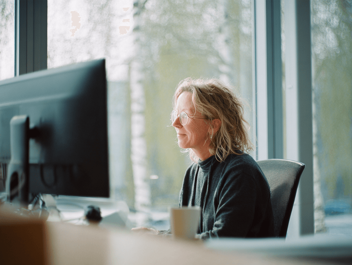 Flåtesjef ved skjerm i et lyst kontor.
