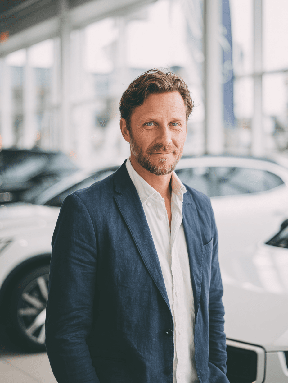 Flåteselger i showroom hos forhandler, rekke med firmabiler bak.