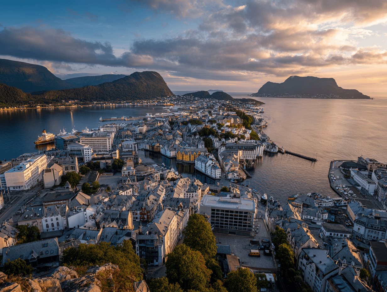 Ålesund sett fra Aksla, jugendbyen på øyene med fjorden og fjellene bak.