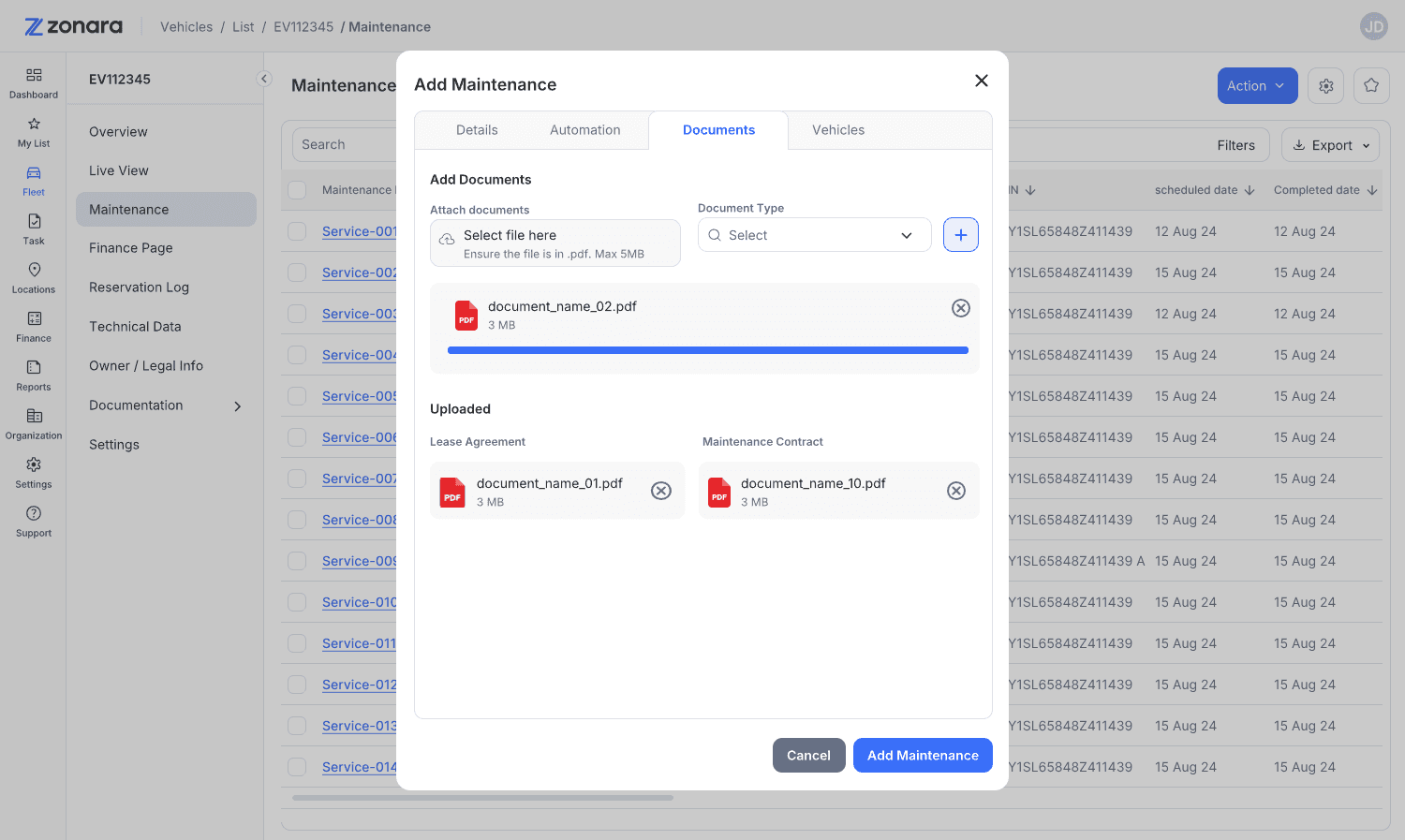Fleet OS: en arbeidsordre registreres på en bil.